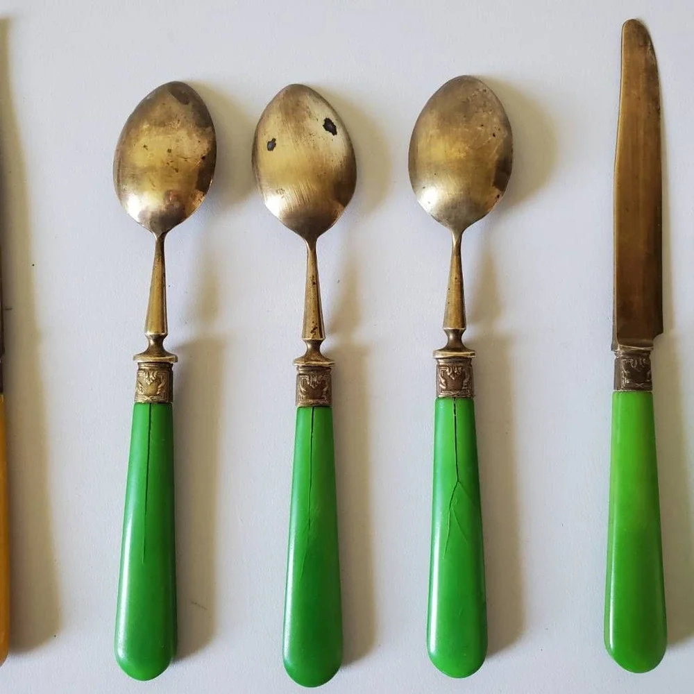 Antique French Brass Bakelite Knife Spoon Flatware Lot of 10 Nadal France